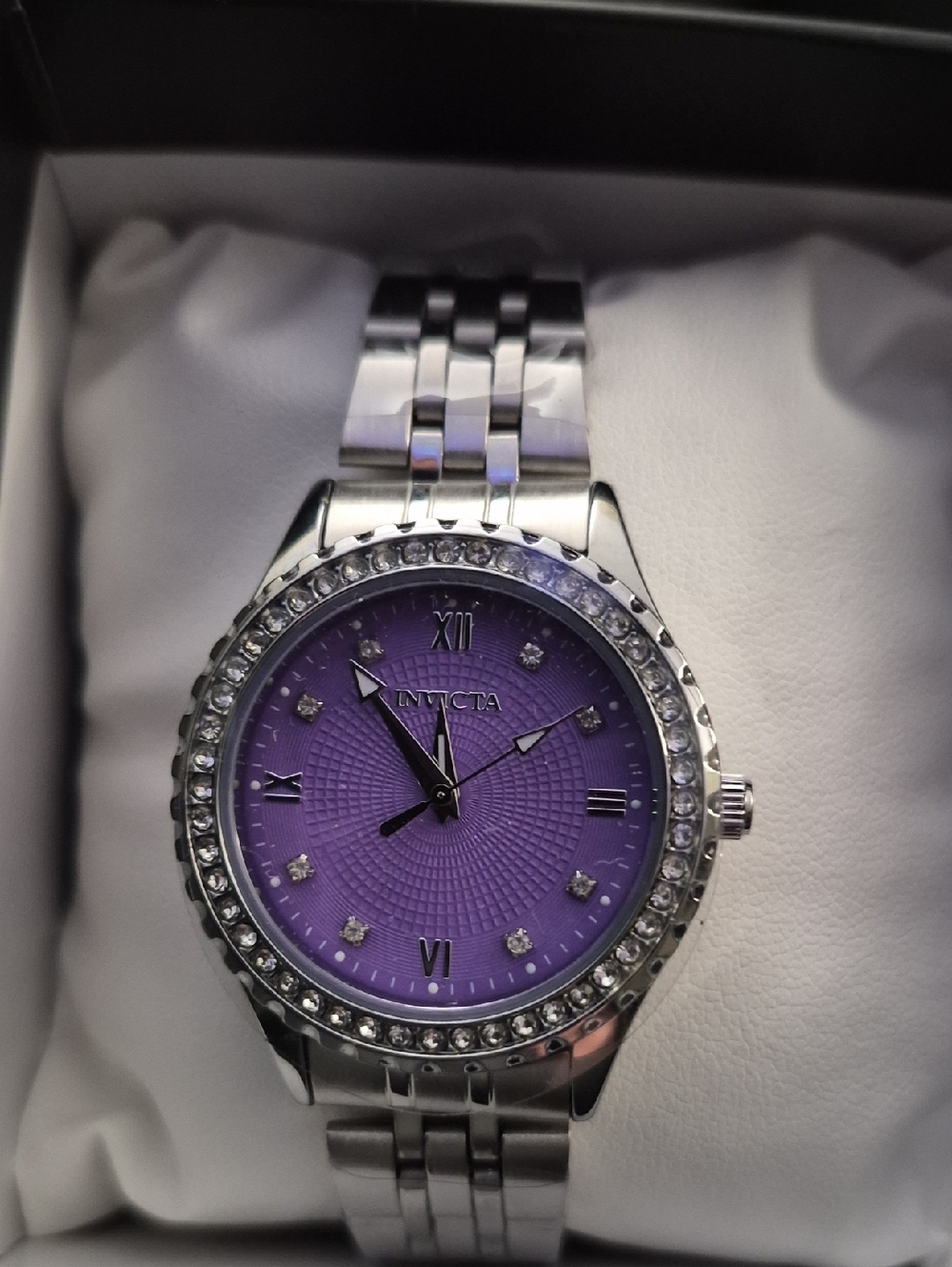 Invicta Silver-Tone Watch with Purple Dial and Crystal Bezel